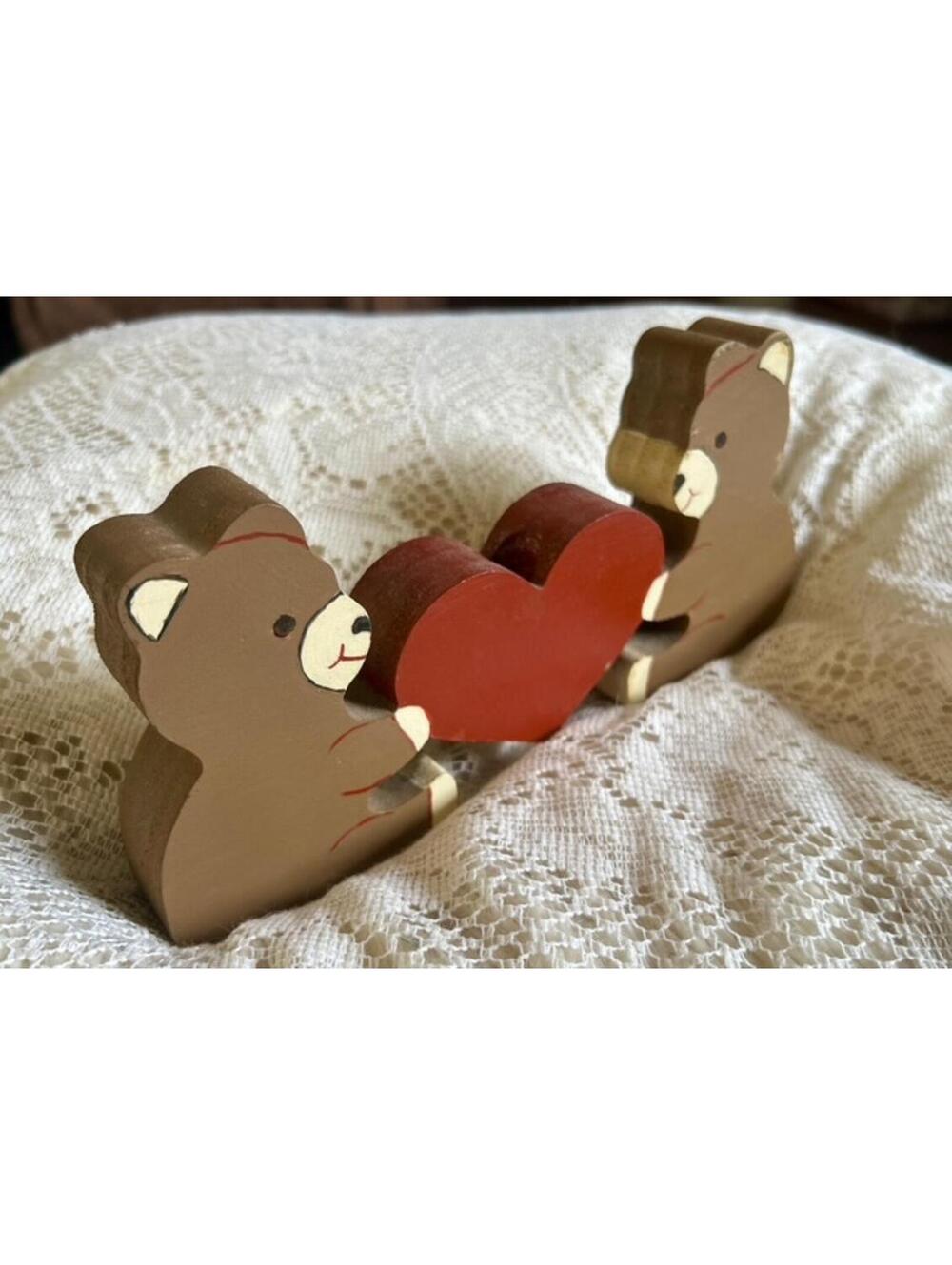 Hand-Painted Wooden Bear Bookends with Heart